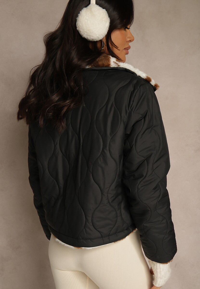 Czarna Pikowana Kurtka Dwustronna Ozdobiona Łaciatym Futerkiem Mevelliana