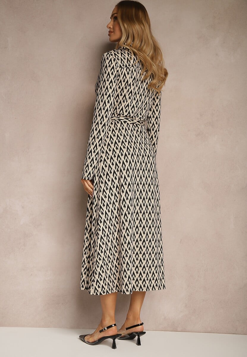 Czarna Koszulowa Sukienka z Wiskozą Geometrycznym Wzorem i Paskiem Milseki