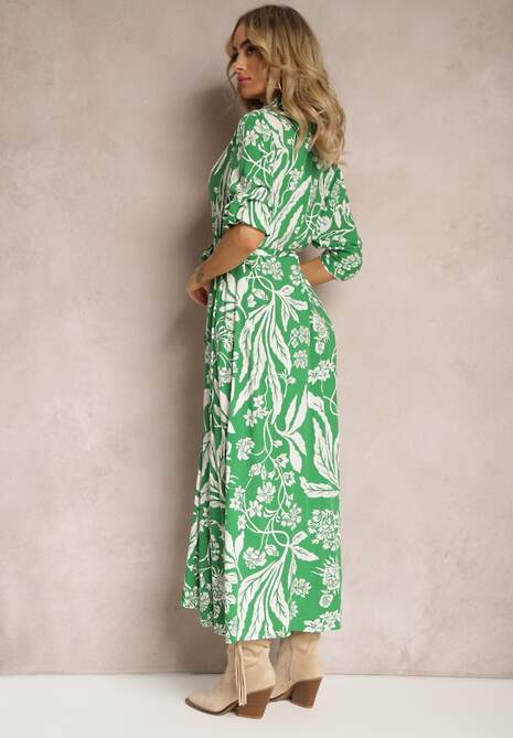 Zielono-Biała Sukienka o Długim Koszulowym Fasonie z Wzorem w Kwiaty Seraplle