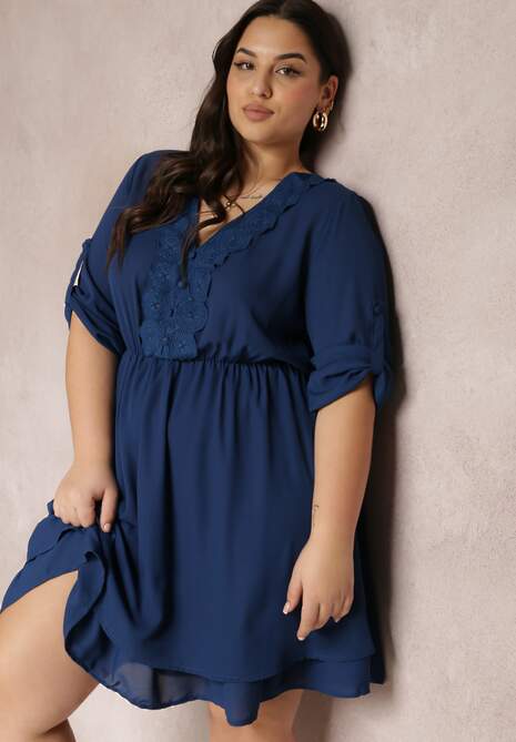 Granatowa Sukienka Mini z Gumką w Talii i Koronkowymi Wstawkami Kelia