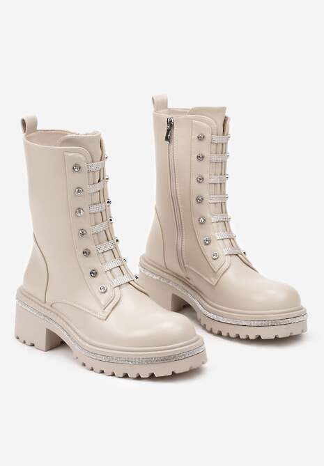 Beżowe Botki Workery na Platformie Ozdobione Cyrkoniami Zinetta