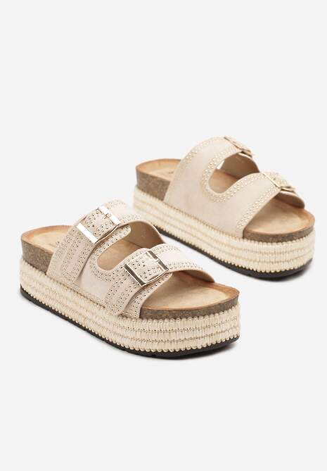 Beżowe Klapki z Regulowanymi Paskami na Grubej Podeszwie z Plecionką Udiriva