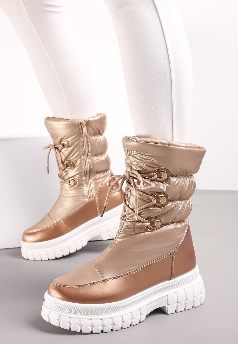 Szampańskie Sznurowane Śniegowce z Ozdobnym Pikowaniem i Połyskiem Birala