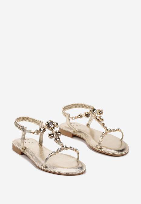 Złote Płaskie Sandały z Błyszczącymi Kryształkami na Transparentnych Paskach Drinea