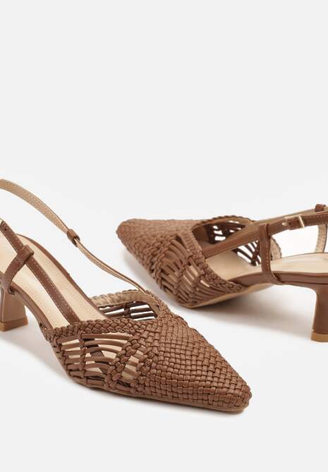 Brązowe Plecione Sandały na Obcasie Kaczuszka Slingback Felorna