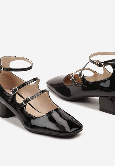 Czarne Eleganckie Czółenka na Niewysokim Słupku Ozdobione Paskami ze Sprzączką Lavantia