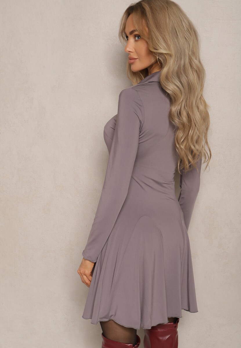 Szara Sukienka z Wiskozą o Rozkloszowanym Kroju z Kołnierzykiem Ettoria
