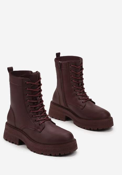 Bordowe Sznurowane Botki na Grubej Podeszwie Attira