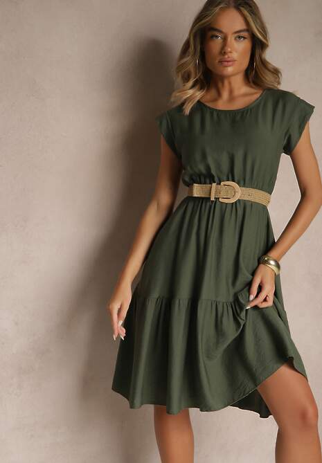 Ciemnozielona Rozkloszowana Sukienka z Wiskozy Linurea