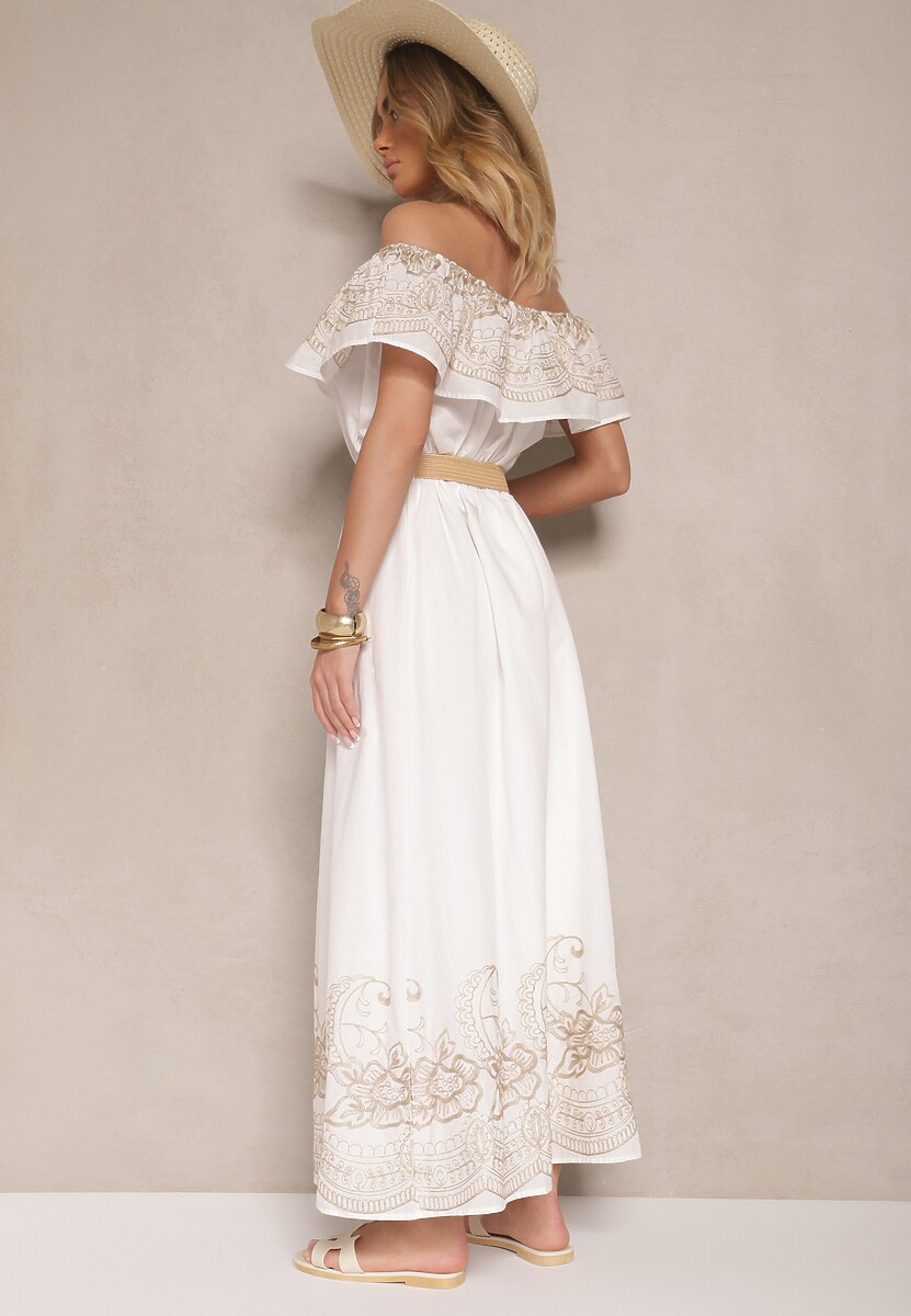 Biała Sukienka Boho o Kroju Hiszpanki Zdobiona Haftem i Paskiem z Klamrą Vallisca