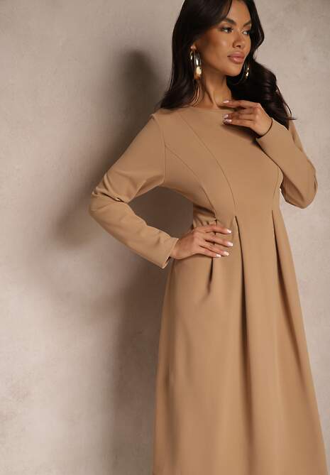 Ciemnobeżowa Rozkloszowana Sukienka w Eleganckim Stylu Temilissa