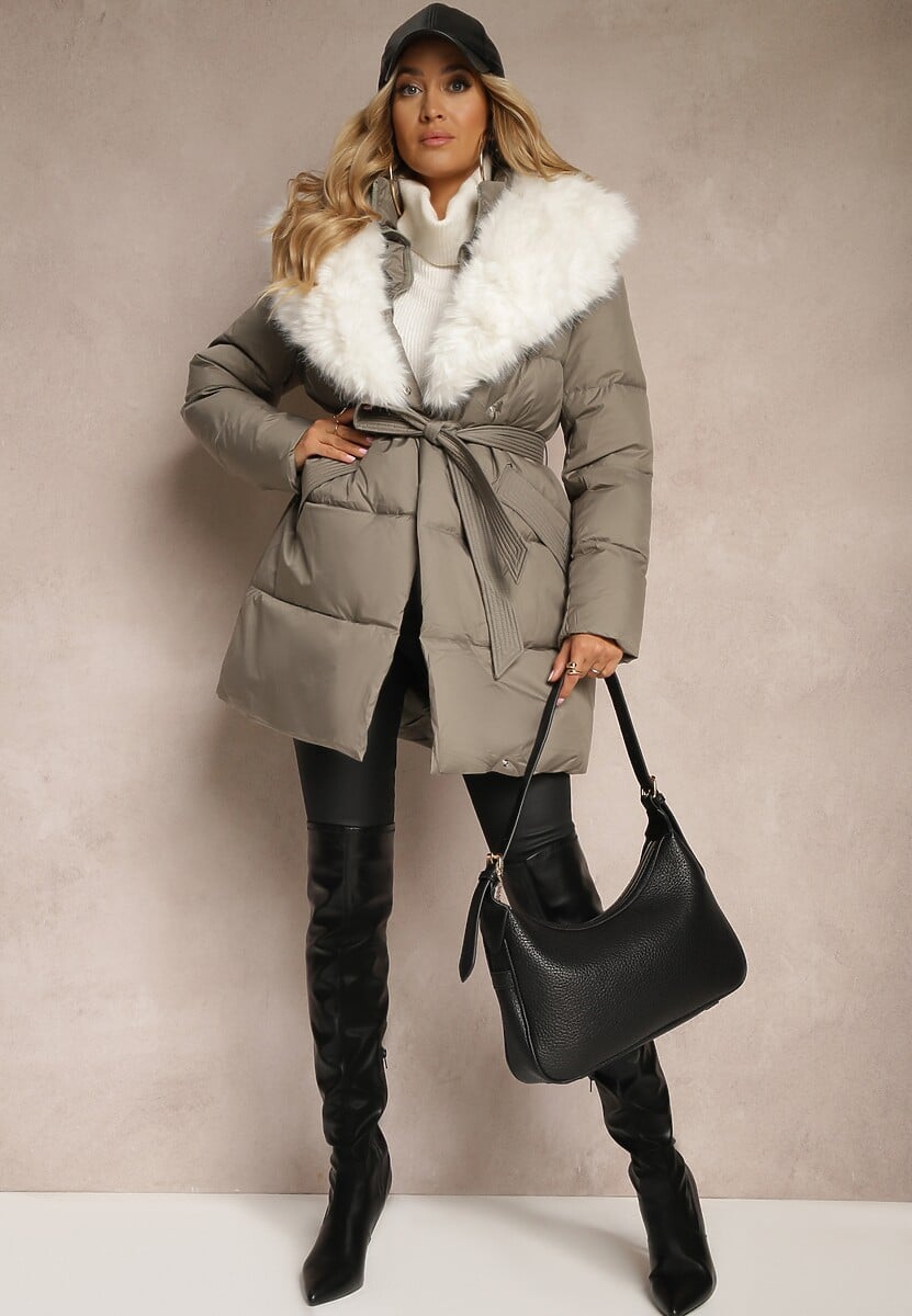 Szara Kurtka Ozdobiona Pikowaniem Odpinanym Kołnierzem z Futerkiem i Paskiem Edanora