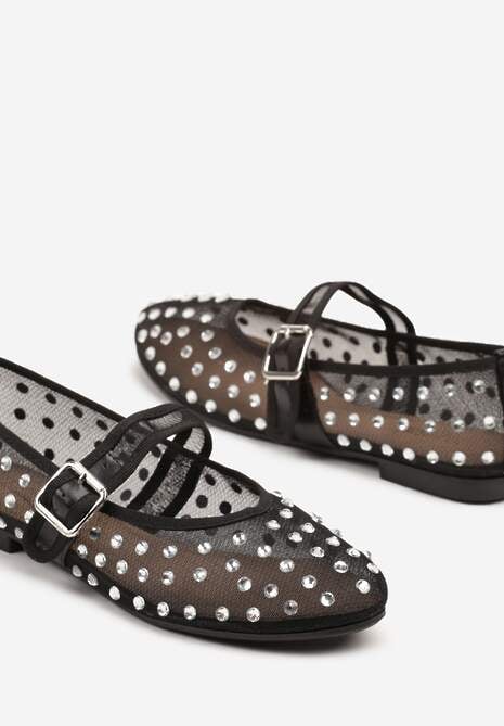 Czarne Balerinki Ozdobione Cyrkoniami i Przezroczystą Cholewką Ridirissa