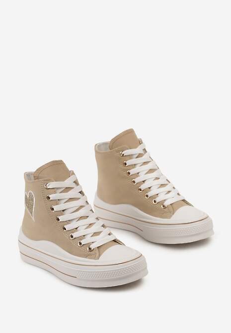 Ciemnobeżowe Trampki za Kostkę na Niskiej Platformie z Brokatową Ozdobą w Kształcie Serca Annexla