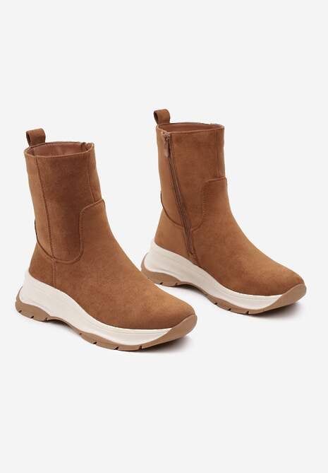 Brązowe Streetwearowe Botki z Ekozamszu na Tłoczonej Platformie Realaeth