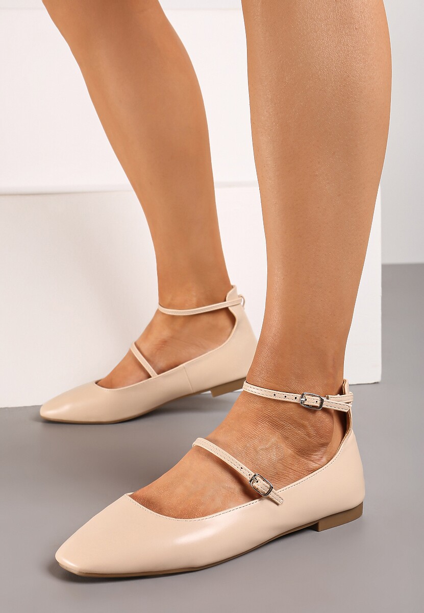 Beżowe Balerinki z Imitacji Skóry na Płaskiej Podeszwie z Dwiema Sprzączkami Rosalalia