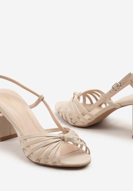 Beżowe Casualowe Sandały z Ekoskóry na Słupku z Cienkimi Paskami i Sprzączką Marilana