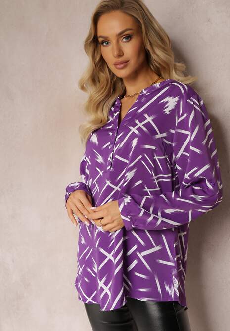 Fioletowa Bluzka z Zapięciem na Guziki i Długim Rękawem Milames