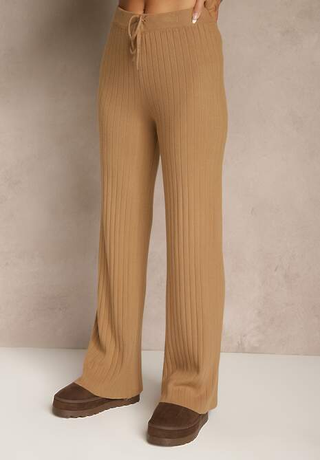 Brązowy Komplet z Dzianiny z Bawełną Spodnie Wide Leg i Sweter Lanneia