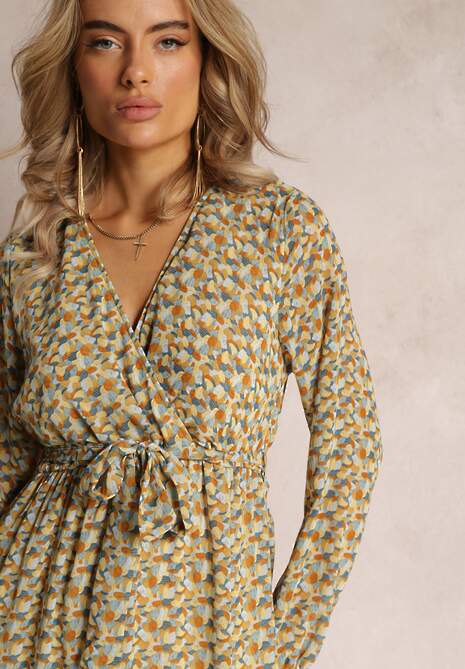 Żółto-Zielona Sukienka Kopertowa z Falbanką i Wiązanym Paskiem Gjerana