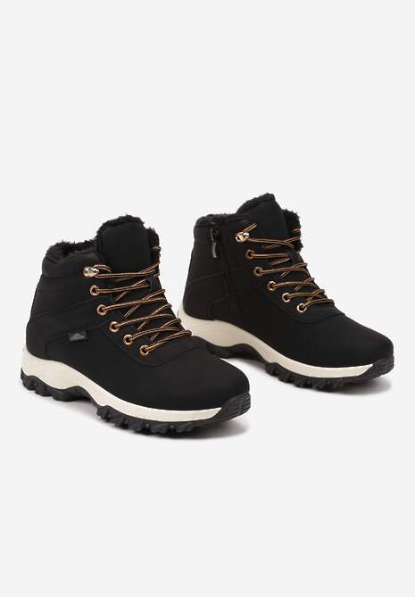 Czarno-Złote Płaskie Ocieplane Trapery ze Sznurowaniem Riviri
