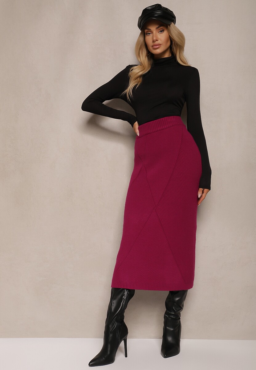 Ciemnoróżowa Spódnica z Wiskozą High Waist o Dopasowanym Kroju z  Gumką w Talii Niarosae