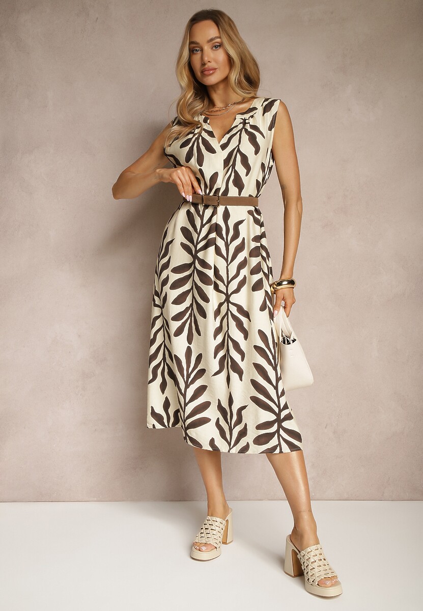 Beżowa Sukienka Pudełkowa z Dodatkiem Wiskozy w Letni Wzór Jolessa