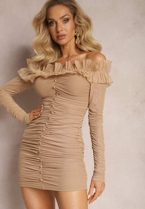 Ciemnobeżowa Dopasowana Sukienka Hiszpanka z Siateczki i Falbaną Sprlia