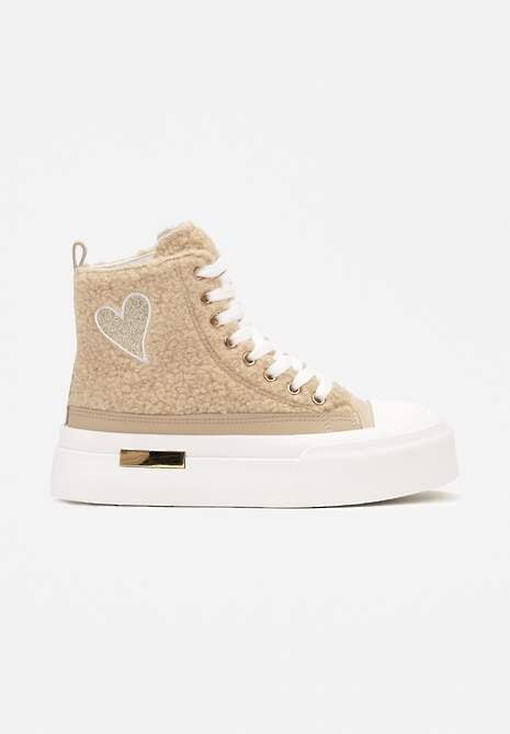 Ciemnobeżowe Brokatowe Trampki na Platformie z Cholewką za Kostkę Nevirosa