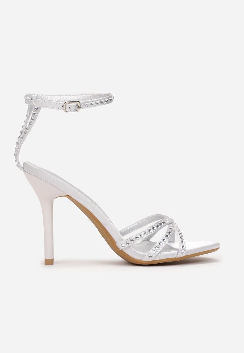 Srebrne Sandały na Szpilce Ozdobione Cyrkoniami Juliela