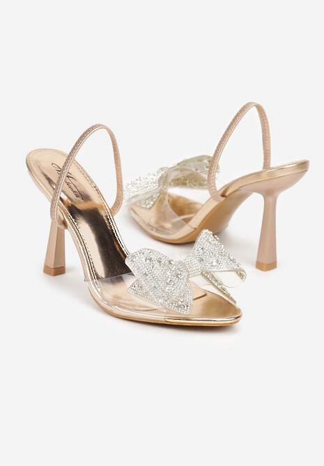 Szampańskie Transparentne Sandały na Klepsydrowej Szpilce z Kokardą i Cyrkoniami Feralia