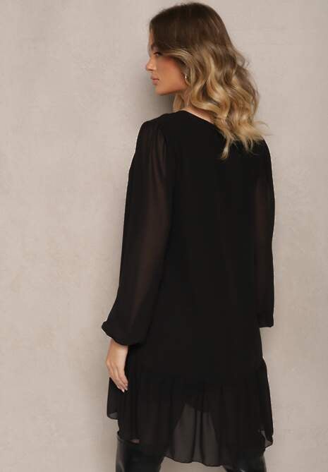 Czarna Sukienka z Wiskozą z Bufiastymi Rękawami i Falbanką u Dołu z Siateczki Ilita