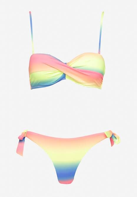 Niebiesko-Żółte Bikini Majtki Typu Figi i Biustonosz z Marszczeniem w Geometryczny Wzór Kinnira