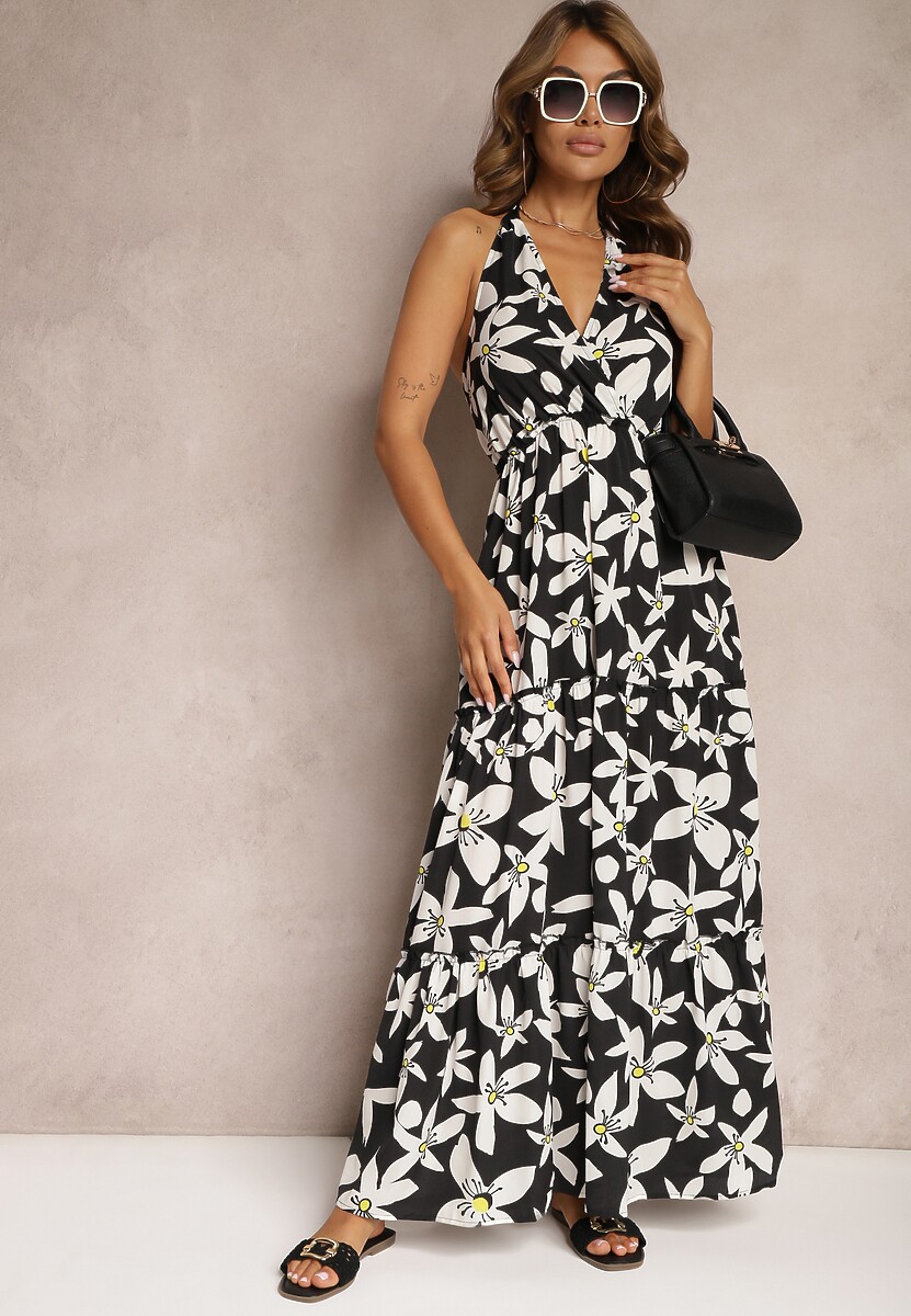 Czarno-Biała Sukienka z Kopertowym Dekoltem i Gumką w Talii Wiązana na Szyi Vikillaia