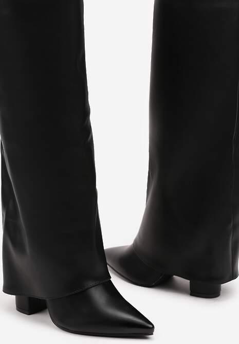 Czarne Kozaki na Słupku Ozdobione Wywiniętą Cholewką Heslia