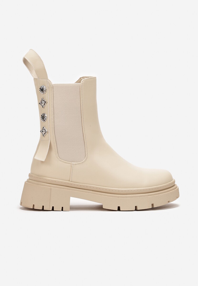Beżowe Botki Sztyblety na Grubej Podeszwie z Ćwiekami Halinne