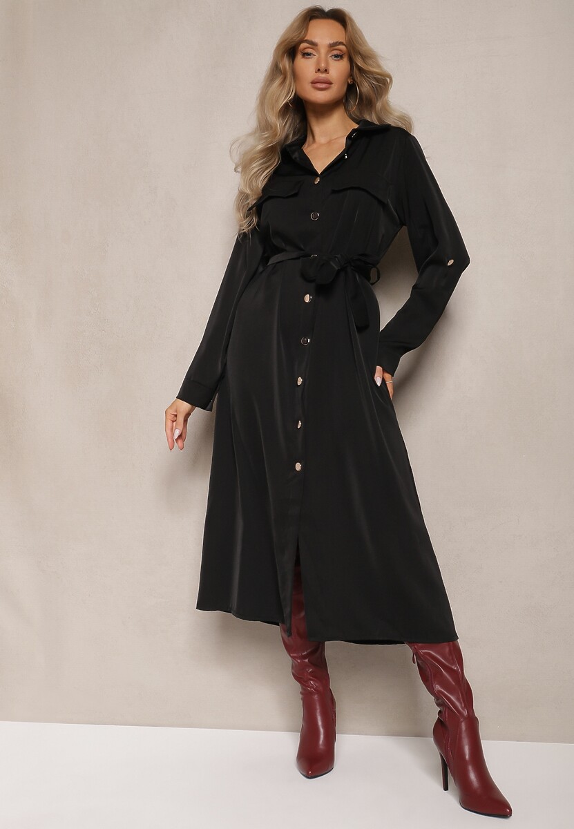 Czarna Rozkloszowana Sukienka o Koszulowym Kroju z Guzikami Wiązana w Talii Kortiana