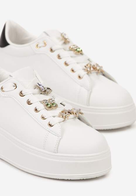 Biało-Czarne Sneakersy na Płaskiej Podeszwie Ozdobione Aplikacjami Motyli i Rozgwiazd Asnoria