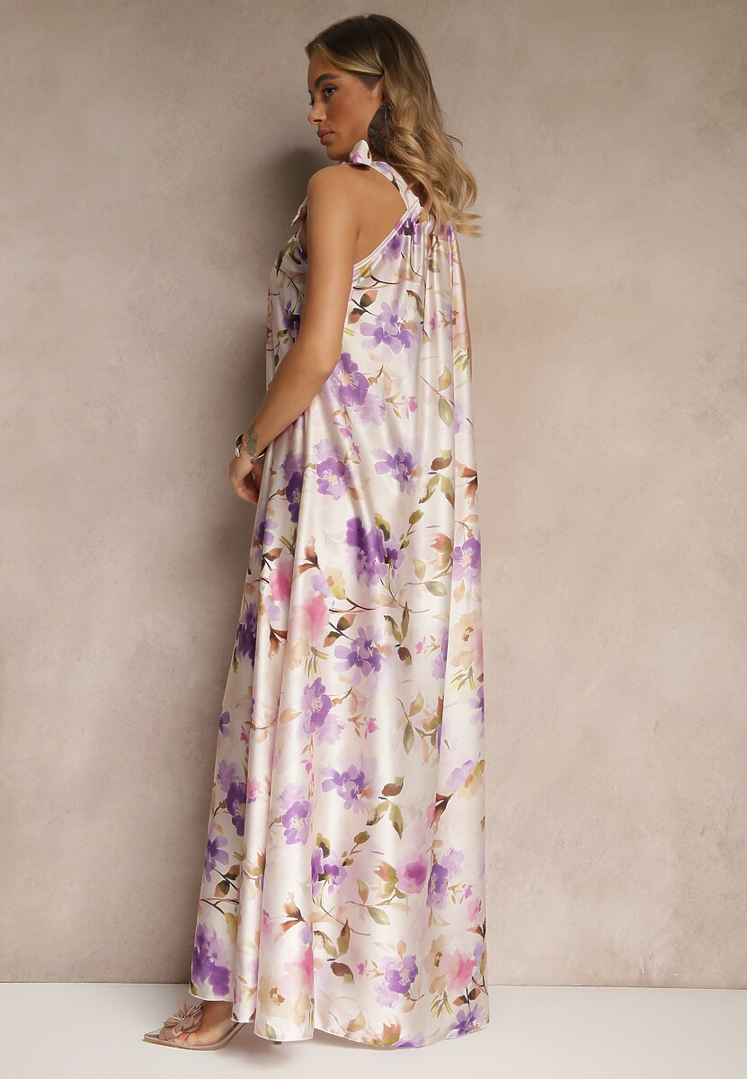 Fioletowa Sukienka z Satyny w Kwiatowy Wzór Fenimea