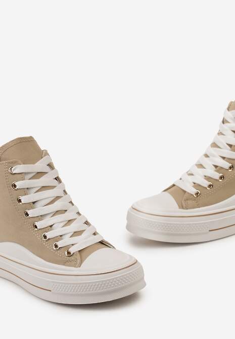 Ciemnobeżowe Trampki za Kostkę na Niskiej Platformie z Brokatową Ozdobą w Kształcie Serca Annexla