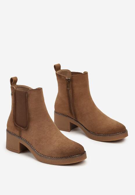 Ciemnobeżowe Botki Typu Sztyblety z Ekozamszu na Obcasie Ellavia