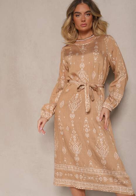 Beżowa Pudełkowa Sukienka Boho w Etniczne Wzory z Paskiem Lisalenea