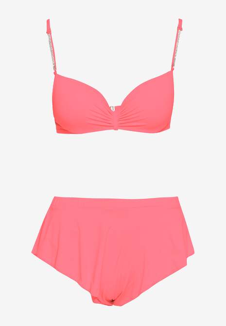 Jasnoróżowe Bikini Usztywniany Biustonosz z Cyrkoniami i Spodenki Kąpielowe Wykończone Gumką w Pasie Rilamia