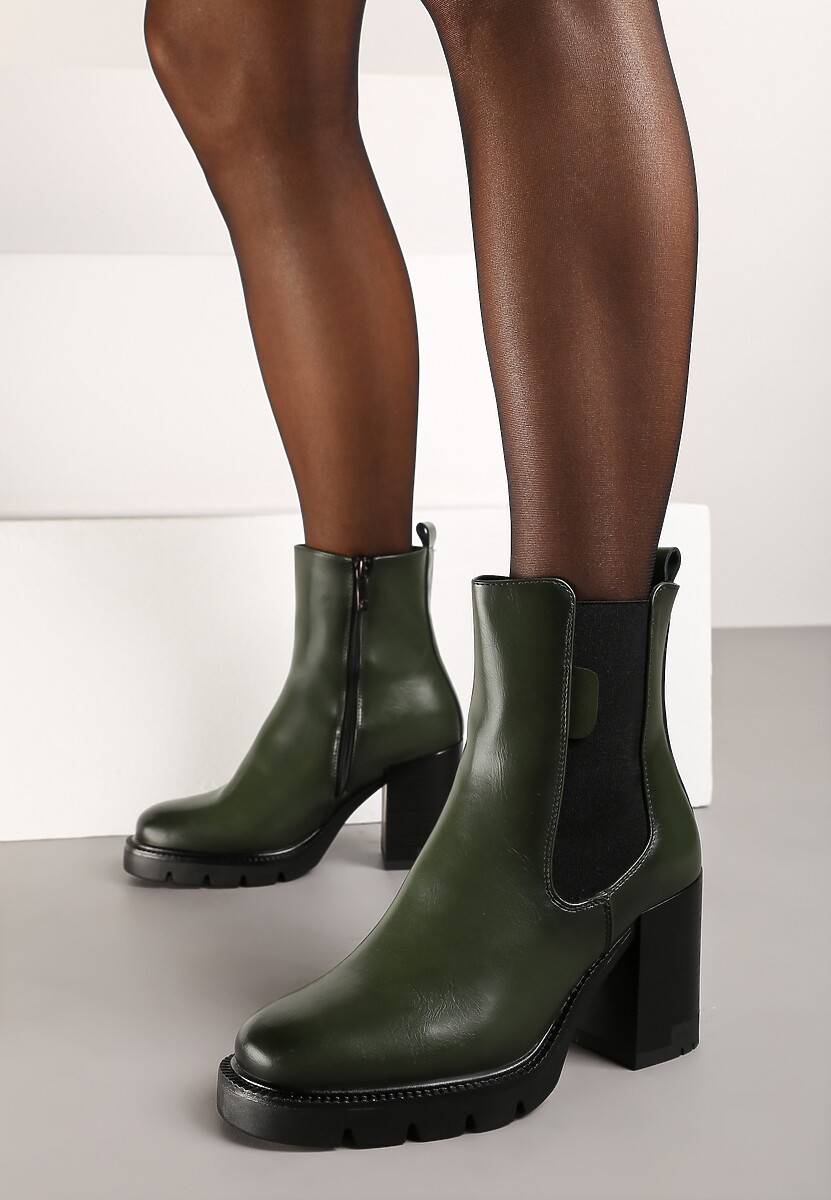 Zielone Botki na Słupku i Platformie w Stylu Sztybletów z Ociepleniem Rinbelle