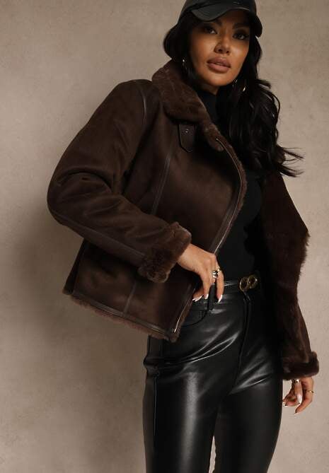 Brązowa Kurtka Biker z Imitacji Zamszu Zdobiona Futerkiem Awedora