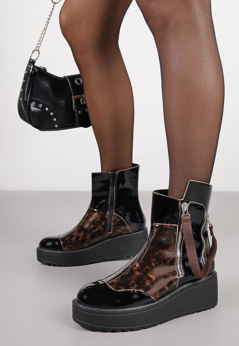 Czarne Botki Vices na Koturnie i Platformie Ozdobione Suwakiem Gattie