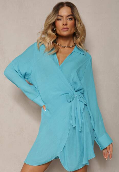 Niebieska Taliowana Sukienka z Kopertowym Dekoltem i Kołnierzem Reviana