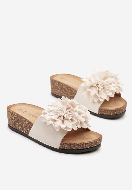 Beżowe Klapki na Platformie i Koturnie Ozdobione Kwiatem 3D Meraniela