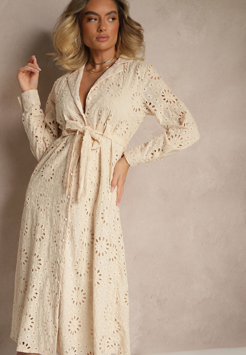 Beżowa Ażurowa Sukienka Koszulowa Ozdobiona Paskiem Tananilia