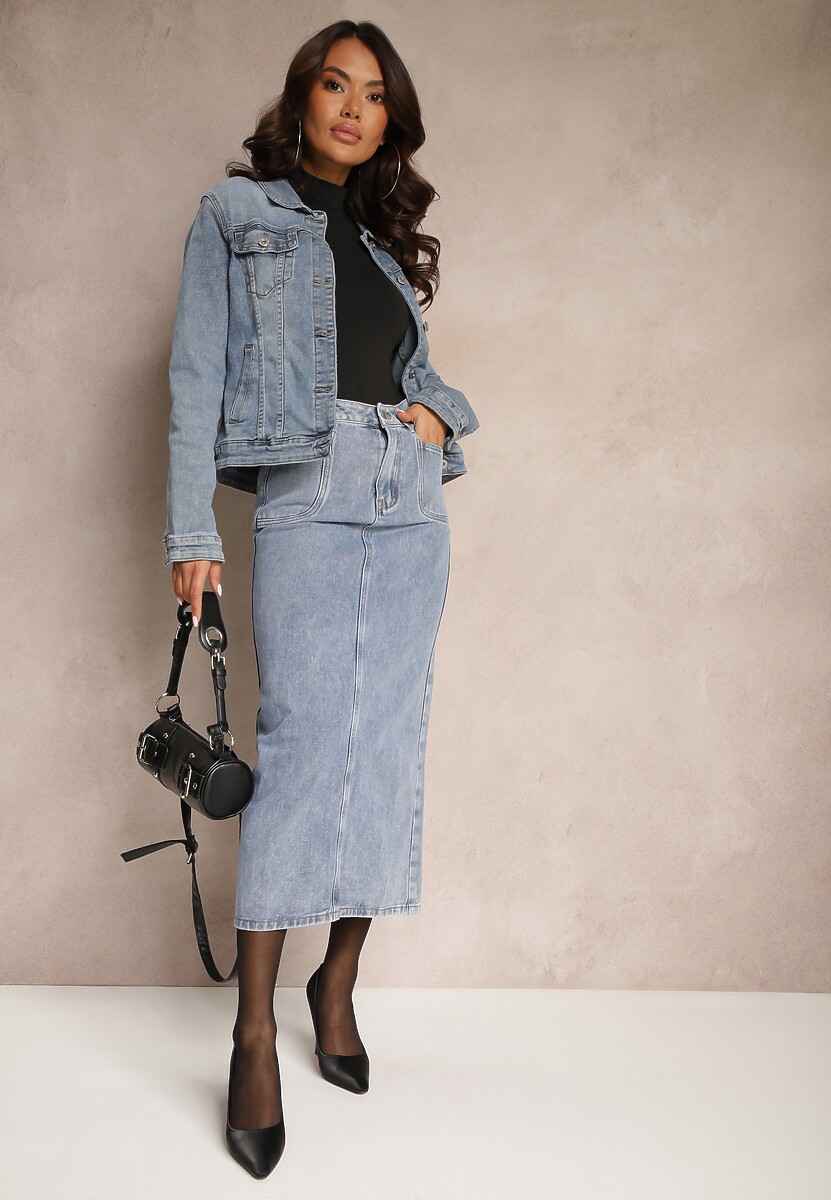 Niebieska Spódnica Jeansowa Midi z Wysokim Stanem Zakila